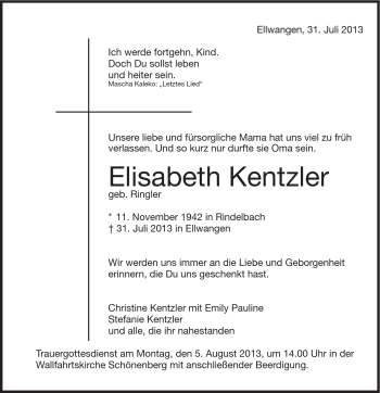 Traueranzeige von Elisabeth Kentzler von Schwäbische Post