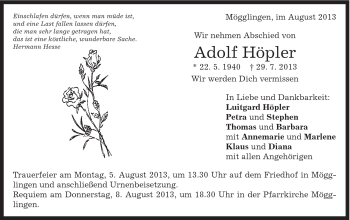 Traueranzeige von Adolf Höpler22.5.1940 von Gmünder Tagespost