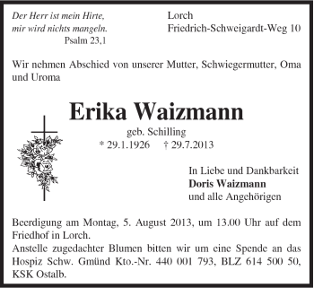 Traueranzeige von Erika Waizmann von Gmünder Tagespost
