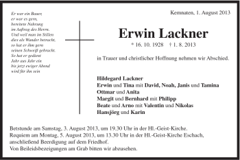 Traueranzeige von Erwin Lackner von Gmünder Tagespost