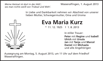 Traueranzeige von Eva Maria Kurz von Schwäbische Post