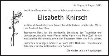 Traueranzeige von Elisabeth Knirsch von Schwäbische Post
