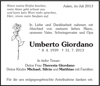 Traueranzeige von Umberto Giordano von Schwäbische Post