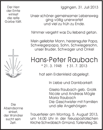 Traueranzeige von Hans-Peter Raubach von Gmünder Tagespost