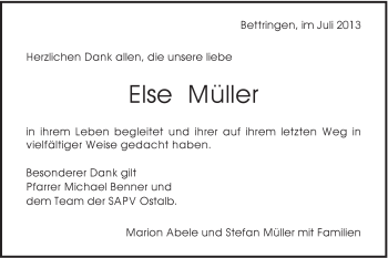Traueranzeige von Else Müller von Gmünder Tagespost