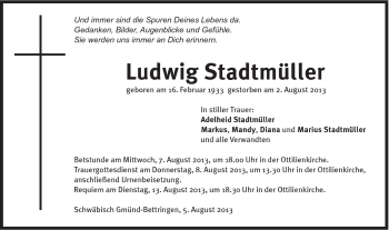 Traueranzeige von Ludwig Stadtmüller von Gmünder Tagespost
