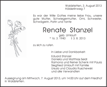 Traueranzeige von Renate Stanzel von Gmünder Tagespost