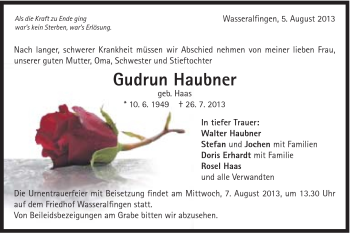 Traueranzeige von Gudrun Haubner von Schwäbische Post