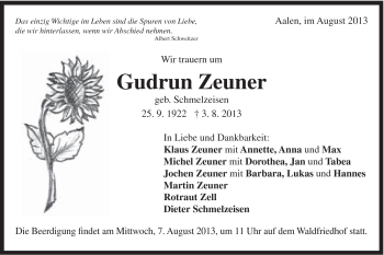 Traueranzeige von Gudrun Zeuner von Schwäbische Post