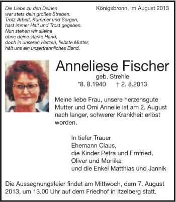 Traueranzeige von Anneliese Fischer von Schwäbische Post