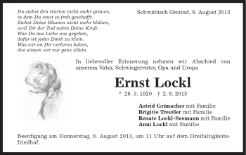 Traueranzeige von Ernst Lockl von Gmünder Tagespost
