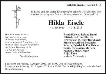 Traueranzeige von Hilda Eisele von Gmünder Tagespost