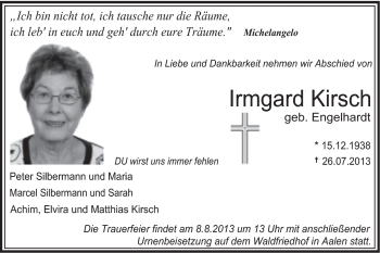 Traueranzeige von Irmgard Kirsch von Schwäbische Post