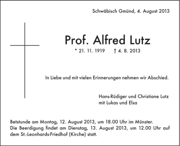 Traueranzeige von Alfred Prof. Lutz von Gmünder Tagespost