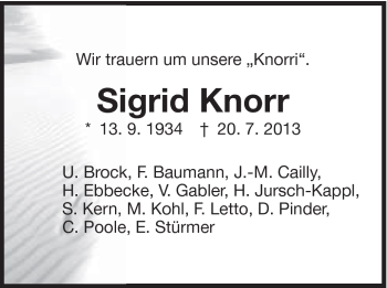 Traueranzeige von Sigrid Knorr von Schwäbische Post