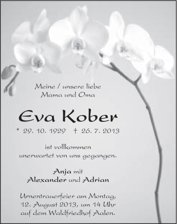 Traueranzeige von Eva Kober von Schwäbische Post