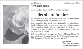 Traueranzeige von Bernhard Soldner von Schwäbische Post