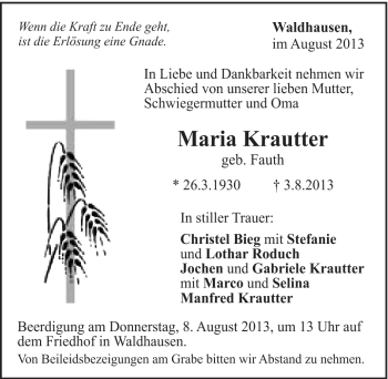 Traueranzeige von Maria Krautter von Gmünder Tagespost
