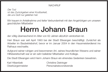 Traueranzeige von Johann Braun von Schwäbische Post