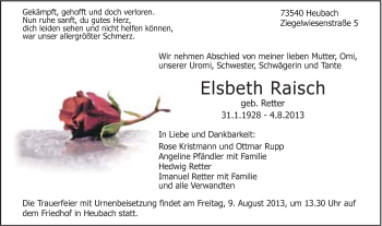 Traueranzeige von Elsbeth Raisch von Gmünder Tagespost