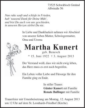 Traueranzeige von Martha Kunert von Gmünder Tagespost