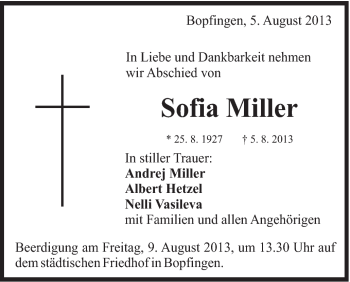 Traueranzeige von Sofia Miller von Schwäbische Post