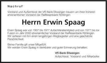 Traueranzeige von Erwin Spaag von Schwäbische Post