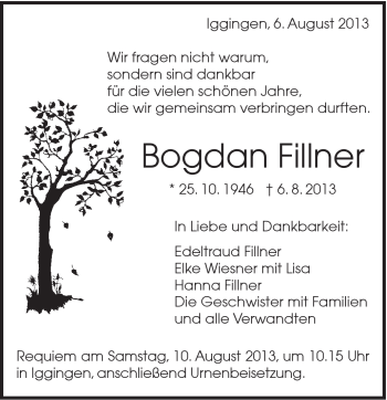 Traueranzeige von Bogdan Fillner von Gmünder Tagespost