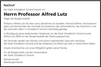 Traueranzeige von Alfred Prof. Lutz von Gmünder Tagespost