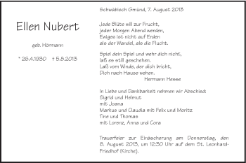 Traueranzeige von Ellen Nubert von Gmünder Tagespost