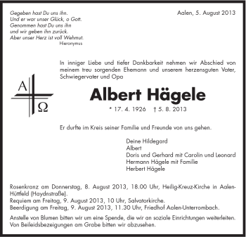 Traueranzeige von Albert Hägele von Schwäbische Post