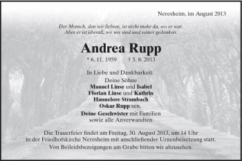Traueranzeige von Andrea Rupp von Schwäbische Post