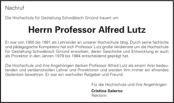Traueranzeige von Alfred Prof. Lutz von Gmünder Tagespost