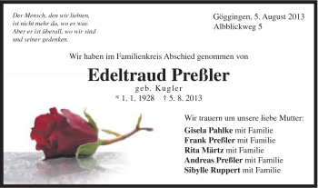 Traueranzeige von Edeltraud Pressler von Gmünder Tagespost