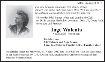 Traueranzeige von Inge Walenta von Schwäbische Post