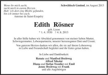 Traueranzeige von Edith Rösner von Gmünder Tagespost