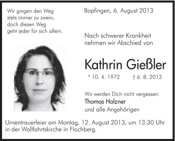 Traueranzeige von Kathrin Gießler von Schwäbische Post