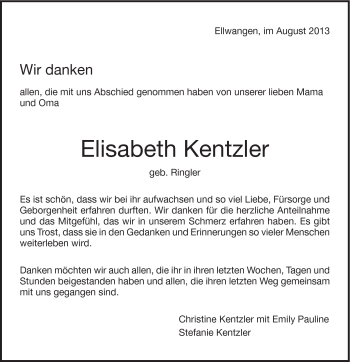 Traueranzeige von Elisabeth Kentzler von Schwäbische Post