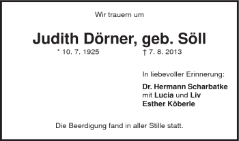 Traueranzeige von Judith Dörner von Gmünder Tagespost