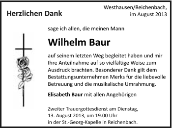 Traueranzeige von Wilhelm Baur von Schwäbische Post