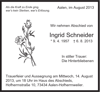 Traueranzeige von Ingrid Schneider von Schwäbische Post