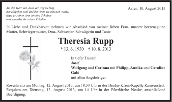 Traueranzeige von Theresia Rupp von Schwäbische Post