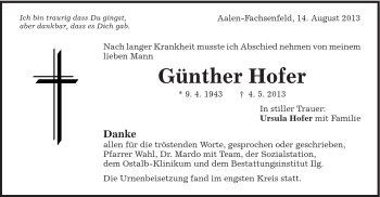 Traueranzeige von Günther Hofer von Schwäbische Post