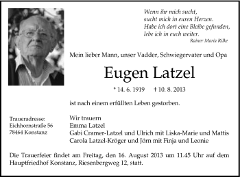 Traueranzeige von Eugen Latzel von Schwäbische Post