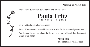 Traueranzeige von Paula Fritz von Gmünder Tagespost