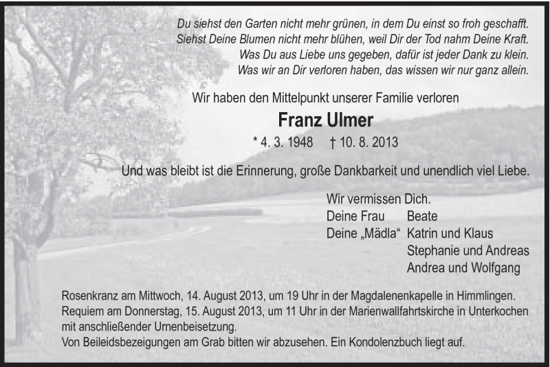  Traueranzeige für franz Ulmer vom 13.08.2013 aus Schwäbische Post