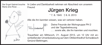 Traueranzeige von Jürgen Krieg von Gmünder Tagespost