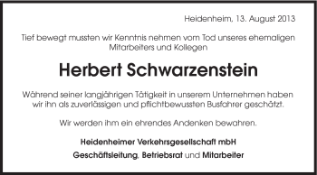 Traueranzeige von Herbert Schwarzenstein von Schwäbische Post