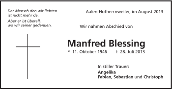 Traueranzeige von Manfred Blessing von Schwäbische Post