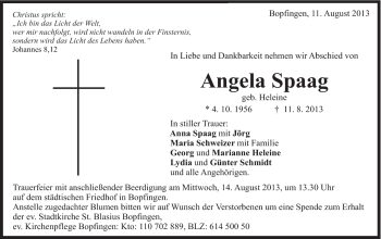 Traueranzeige von Angela Spaag von Schwäbische Post